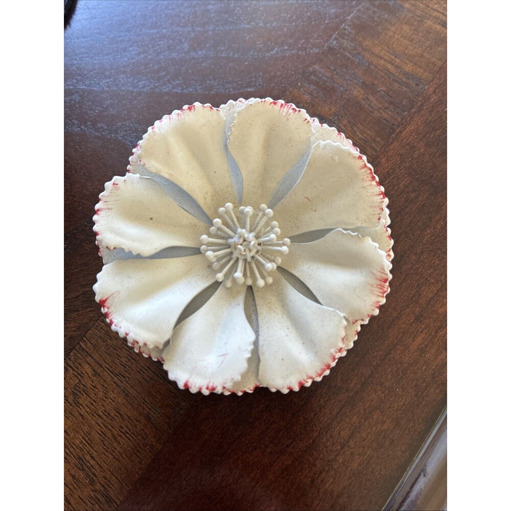 RARE 3-D Metal White Flower Red Petal Tip Brooch Excellent Vintage MCM